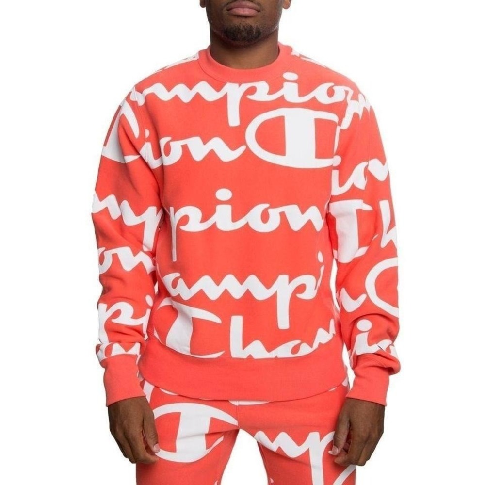 Champion Sweatshirt Mens Medium Coral‎ All Over Print Script Reverse Weave XXL